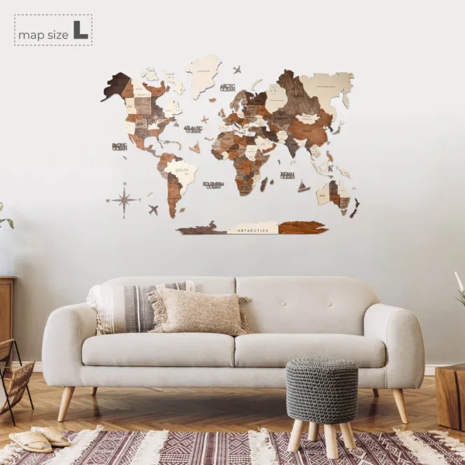 Hovedbilde 3D Verdenskart i Tre Multicolor – Veggkart  ...